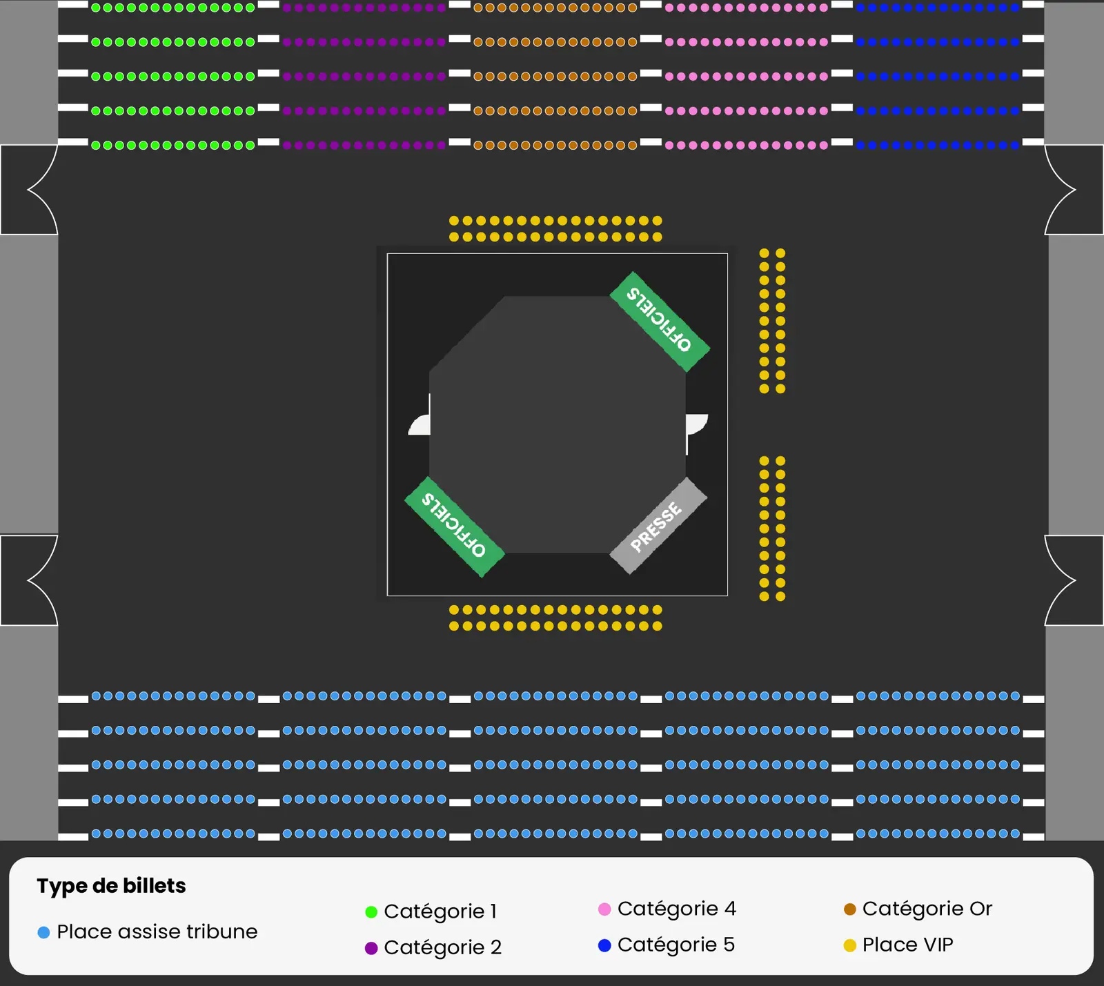 Plan de la salle avec les catégories de places : tribune, catégories 1 à 5, catégorie Or et VIP autour de la cage