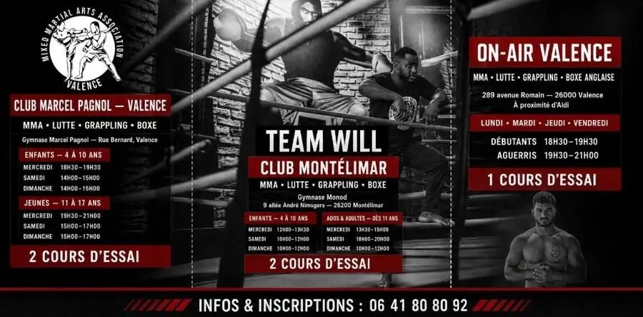 Planning des cours Team WILL : Valence (gymnase Marcel Pagnol et On-Air) et Montélimar (gymnase Monod), enfants, jeunes, ados et adultes.